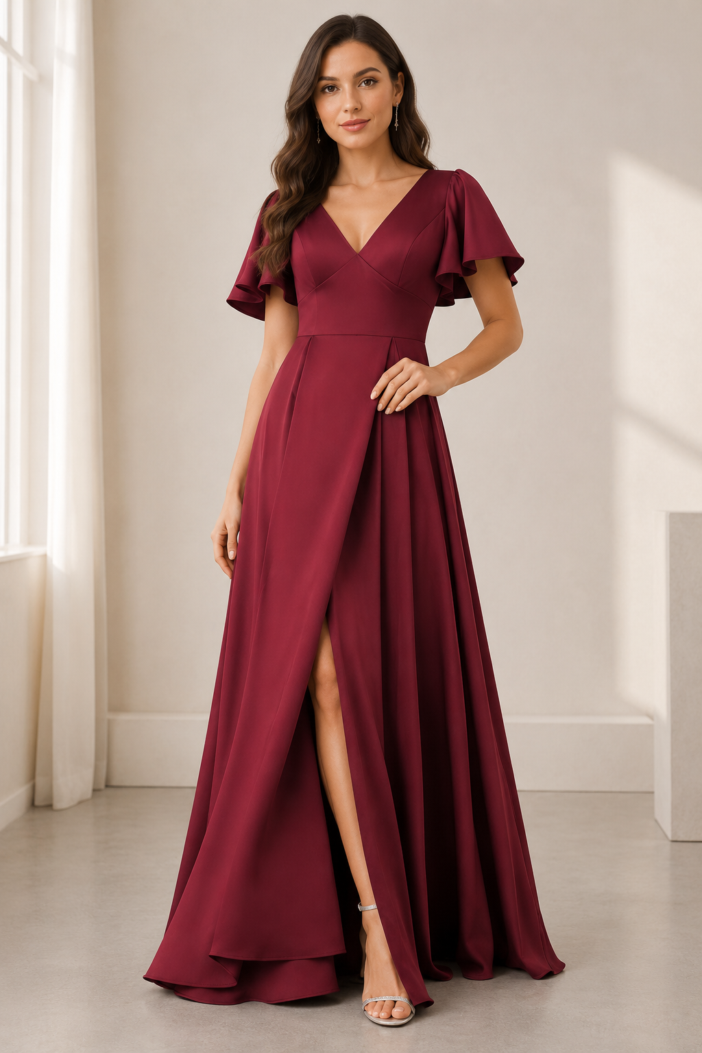 Deep V-Neck Flutter Sleeve A-Line Evening Gown with Slit