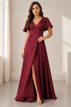 Deep V-Neck Flutter Sleeve A-Line Evening Gown with Slit