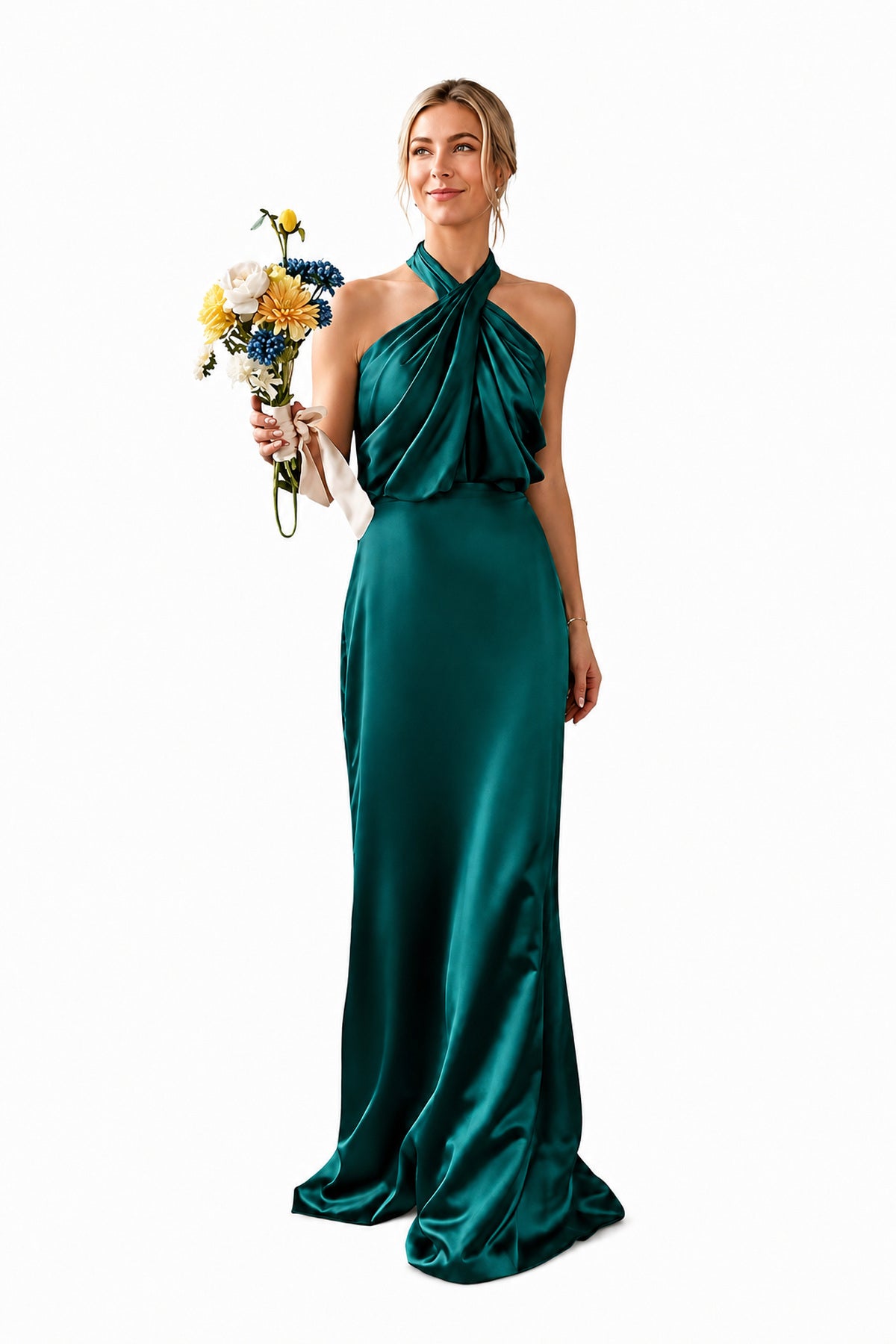 Asymmetric Draped Halter A-Line Evening Gown