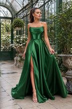 Draped Strapless High-Slit A-Line Evening Gown