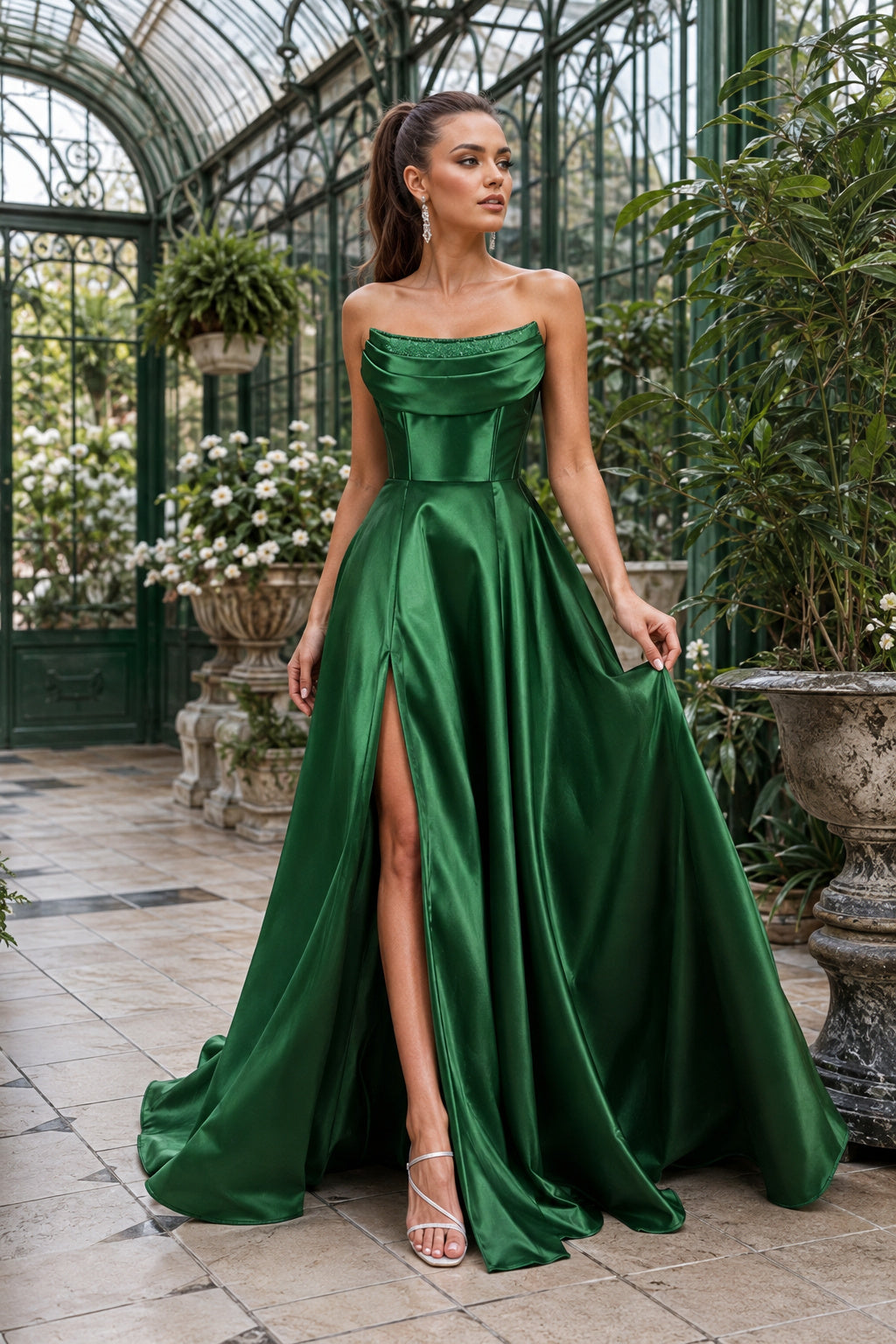 Draped Strapless High-Slit A-Line Evening Gown