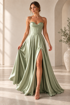 Spaghetti Strap Cowl Neck A-Line High Slit Evening Gown