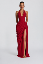 Deep V Halter Ruched High-Slit Evening Gown