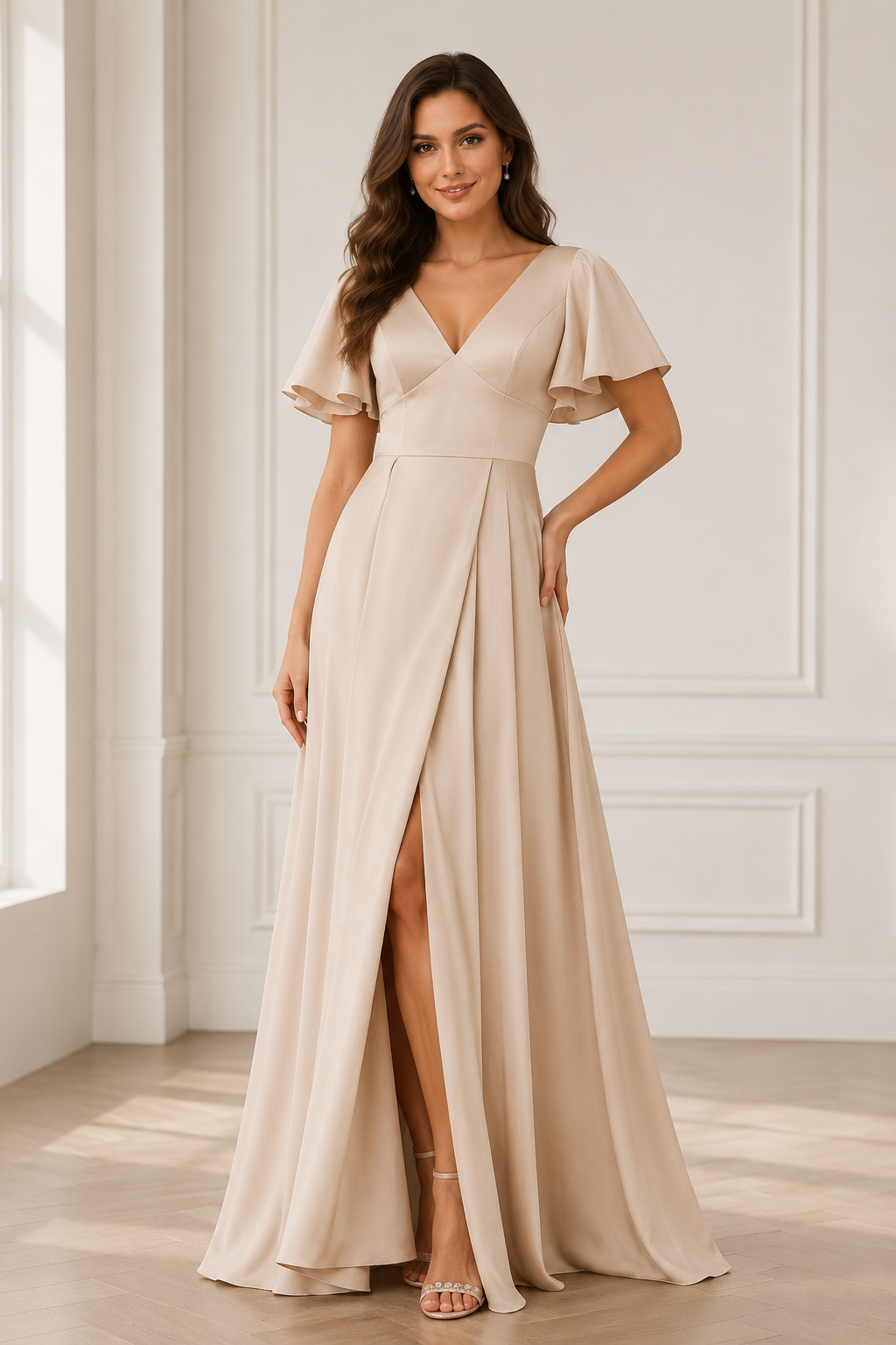 Deep V-Neck Flutter Sleeve A-Line Evening Gown with Slit
