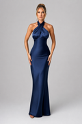 Cross-Halter Open-Back Mermaid Evening Gown