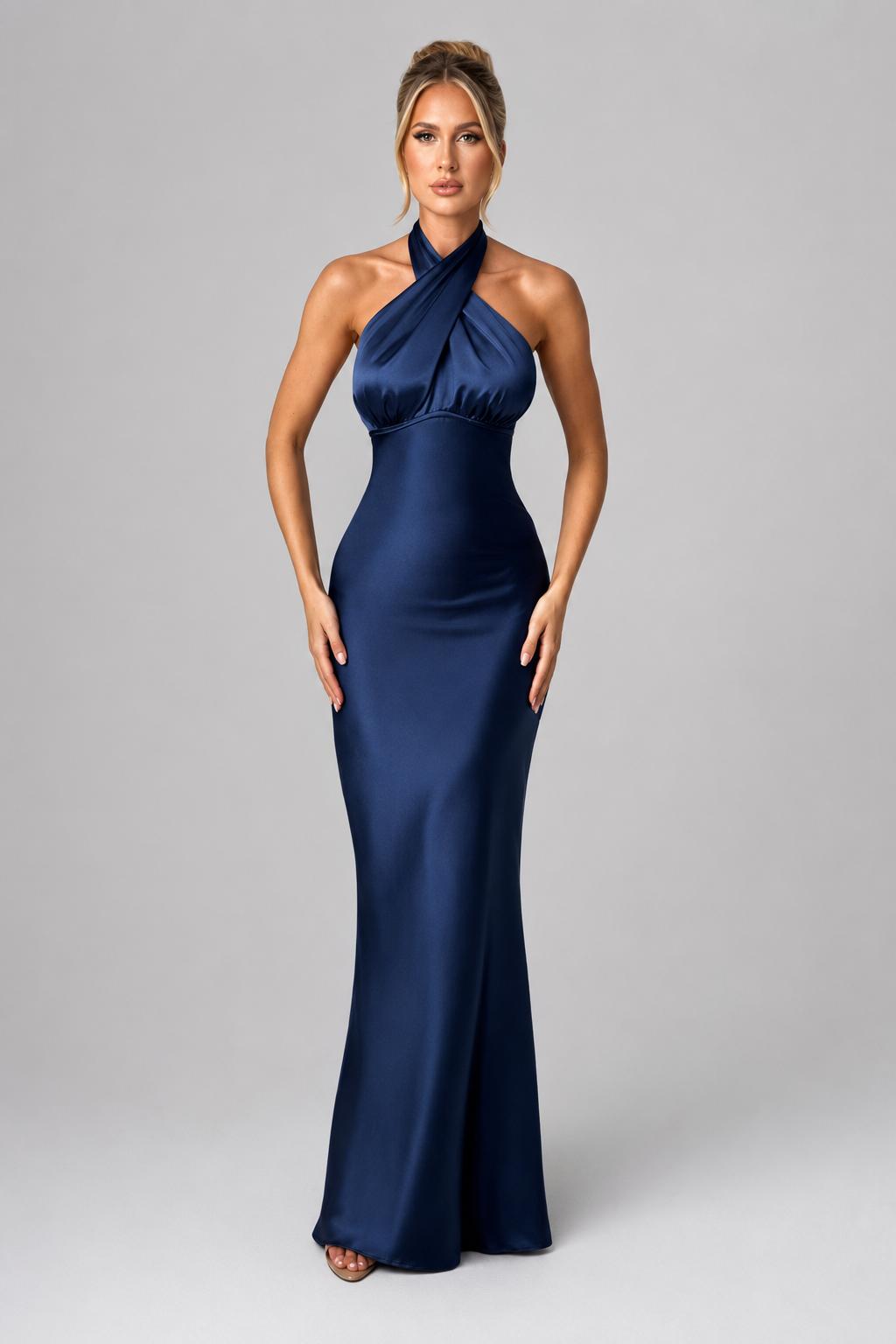 Cross-Halter Open-Back Mermaid Evening Gown