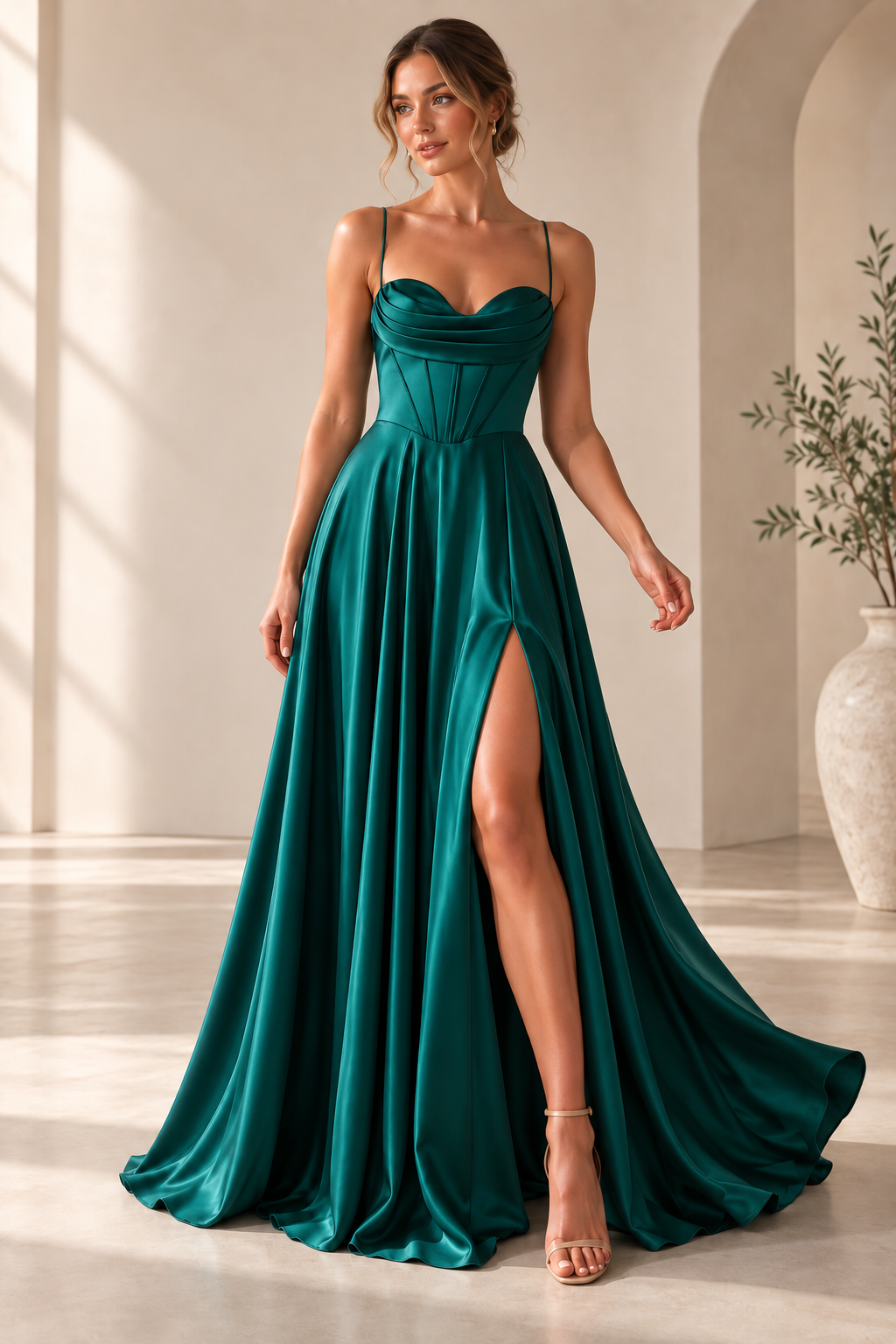 Spaghetti Strap Cowl Neck A-Line High Slit Evening Gown