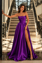 Strapless Ruched High-Slit A-Line Evening Gown