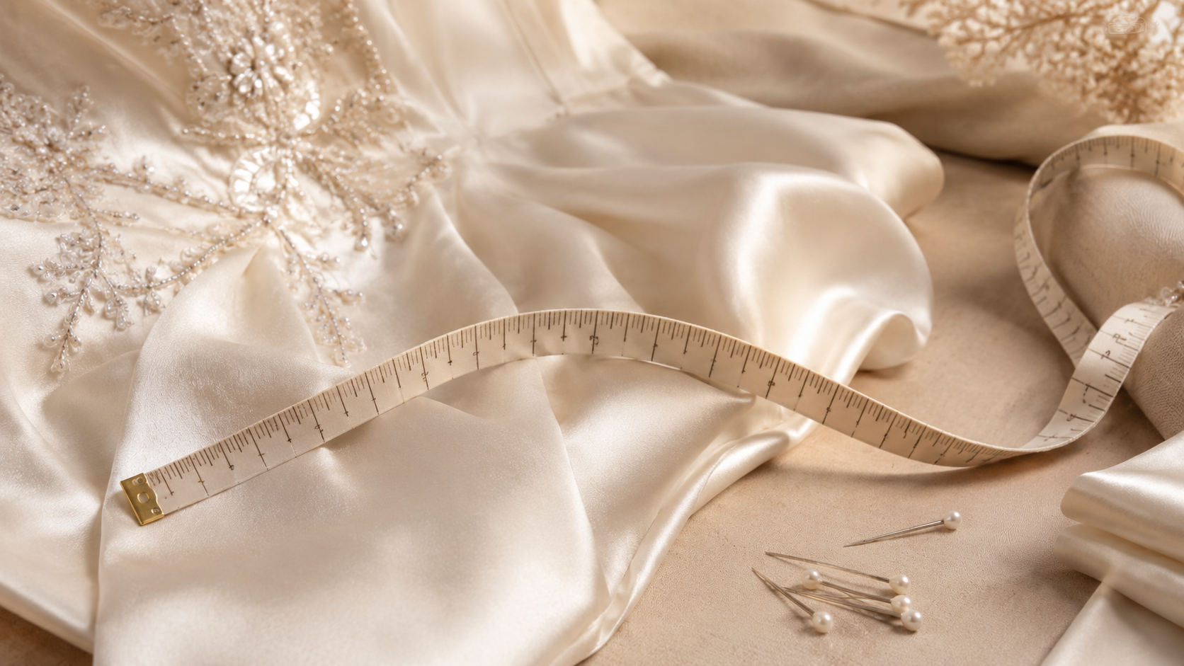 Soft measuring tape on ivory satin evening dress fabric