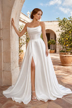 Draped Strapless High-Slit A-Line Evening Gown
