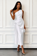 White one-shoulder draped midi evening dress