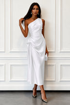 One-Shoulder Draped Midi Evening Dress