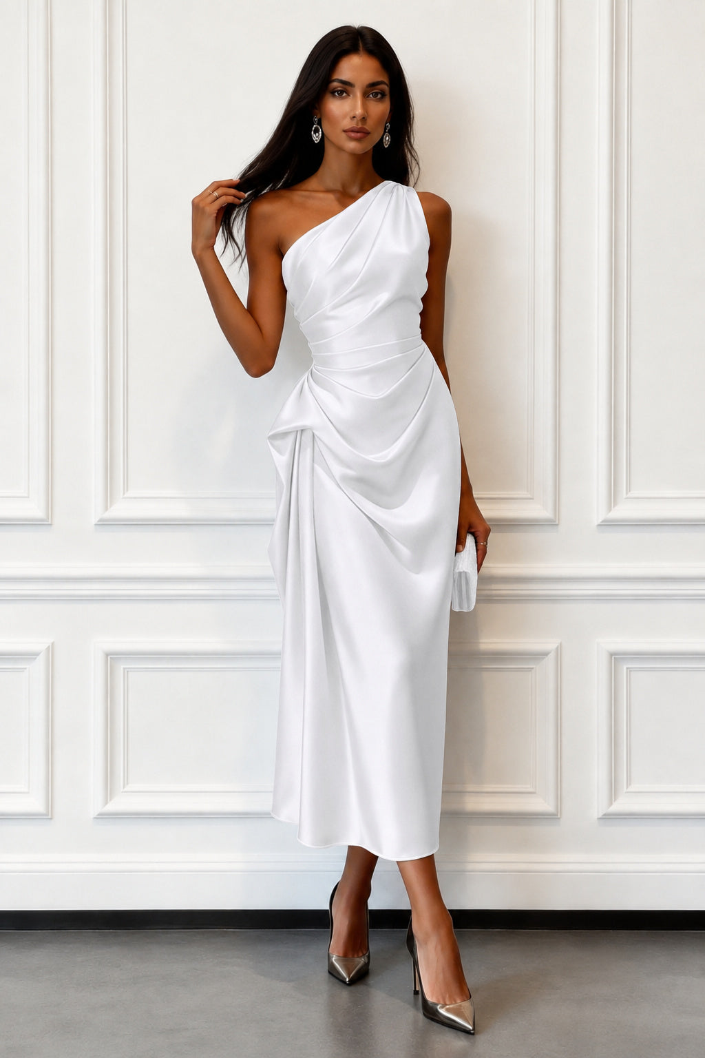 One-Shoulder Draped Midi Evening Dress