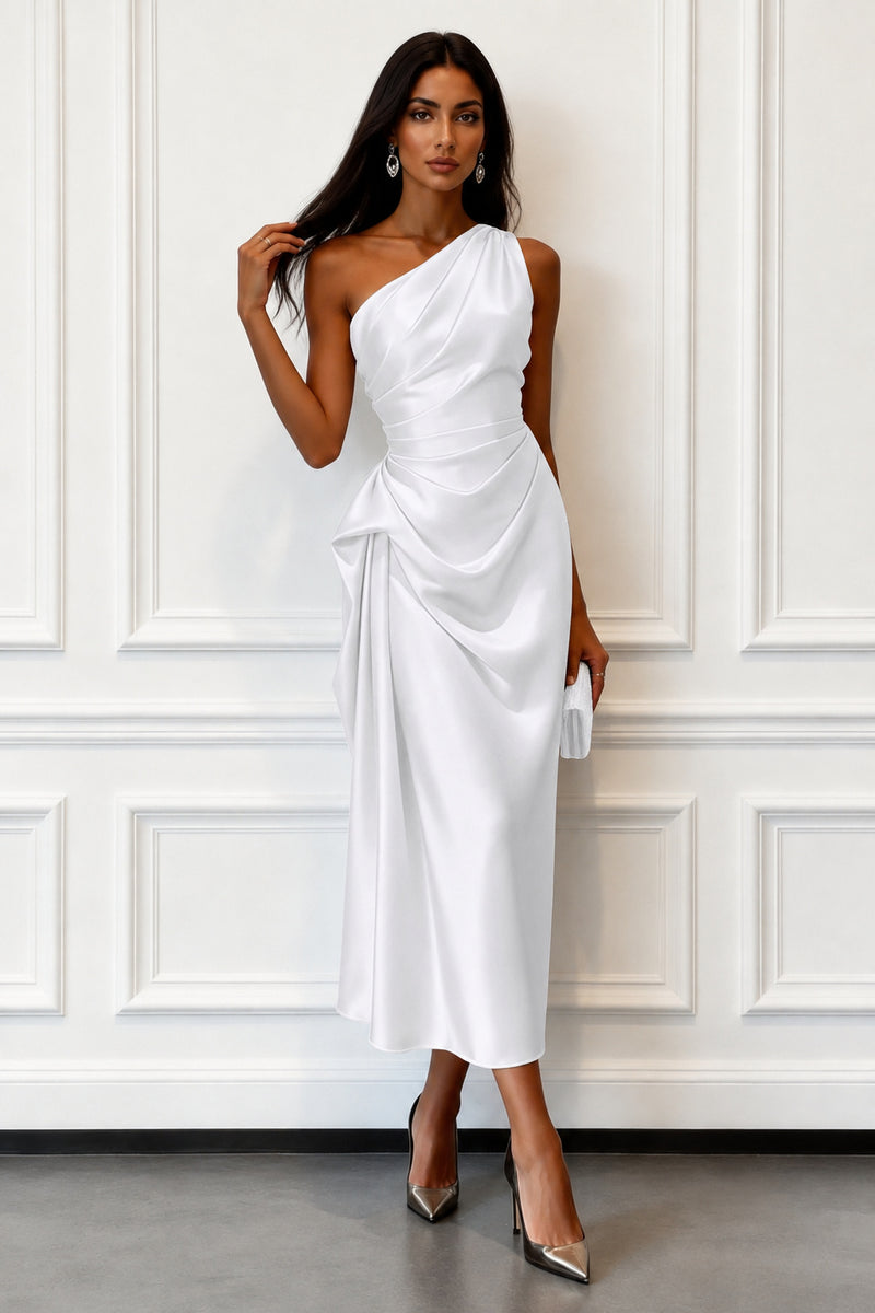 White one-shoulder draped midi evening dress