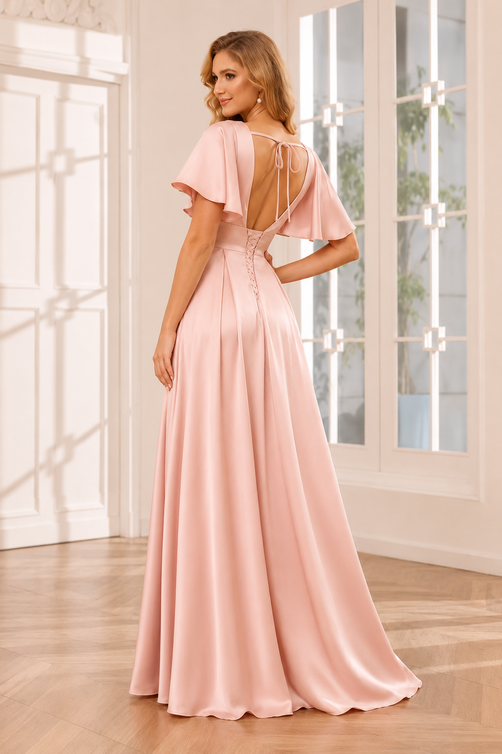Deep V-Neck Flutter Sleeve A-Line Evening Gown with Slit