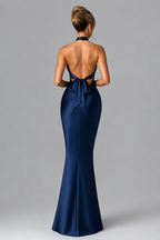 Cross-Halter Open-Back Mermaid Evening Gown