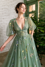 Green Short-Sleeve Floral Formal Dress