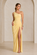 One-Shoulder Ruched High-Slit Evening Gown