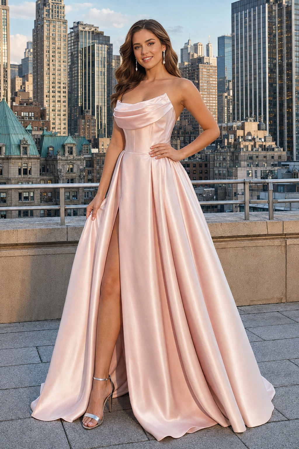 Draped Strapless High-Slit A-Line Evening Gown