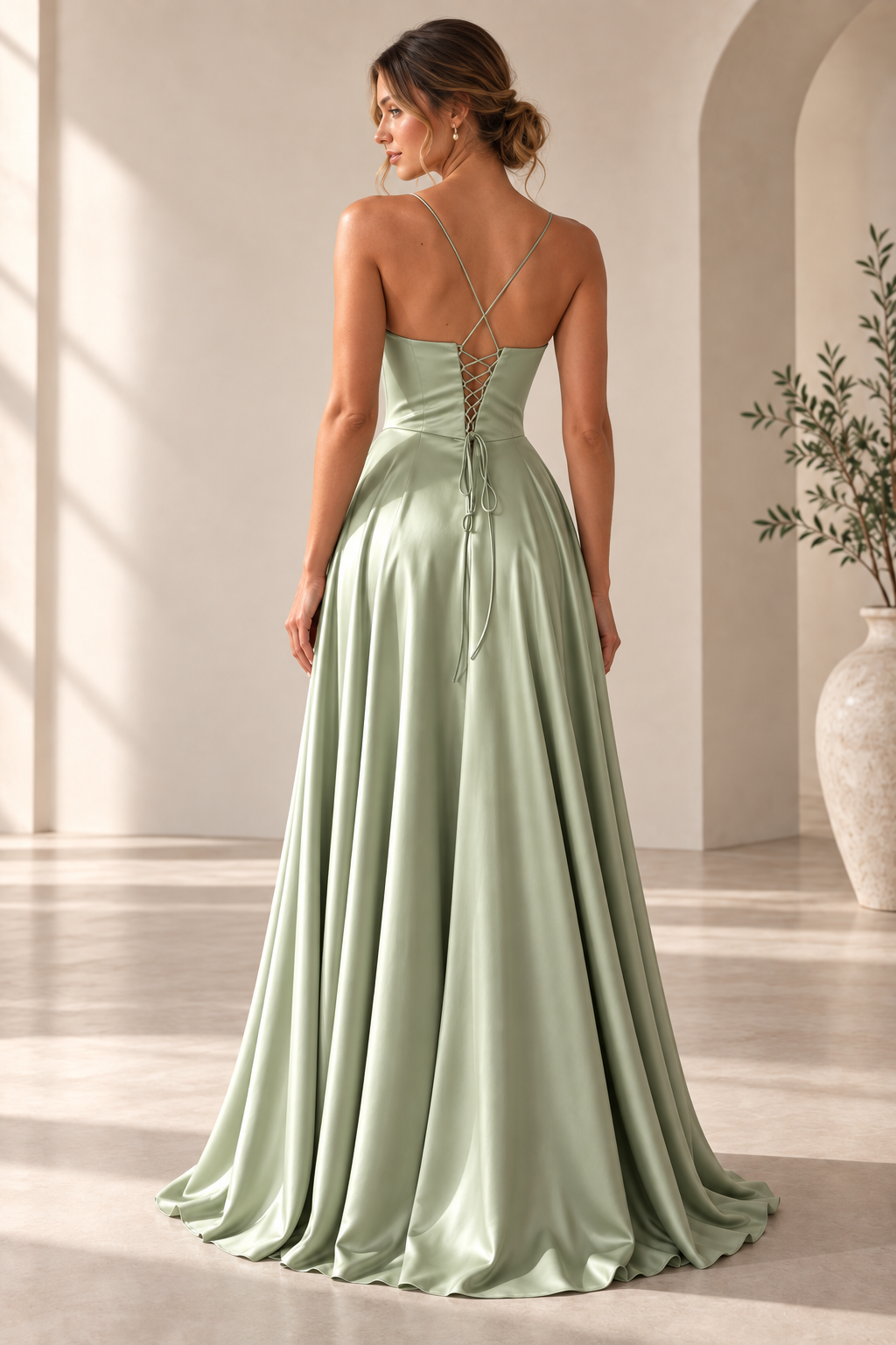Spaghetti Strap Cowl Neck A-Line High Slit Evening Gown