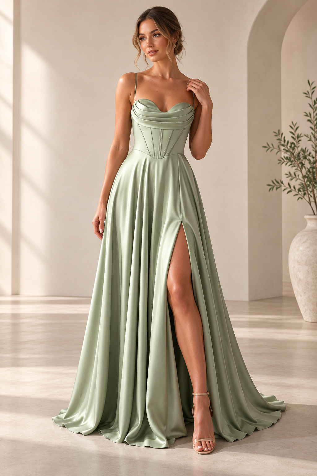Spaghetti Strap Cowl Neck A-Line High Slit Evening Gown