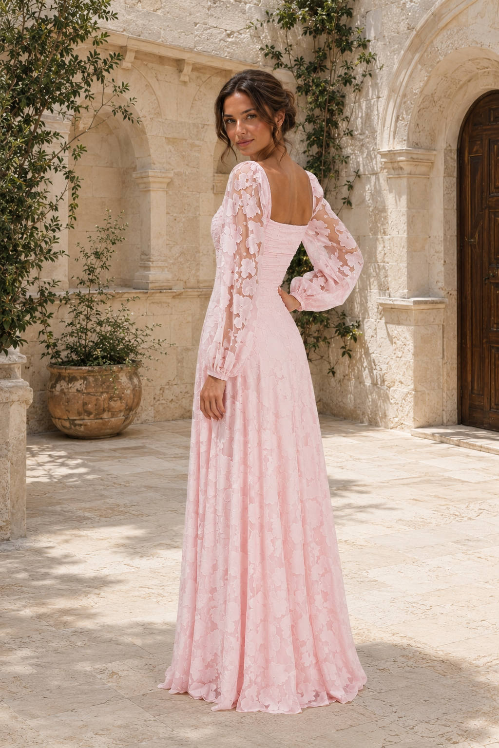 Pink Floral Appliqué Square-Neck A-Line Gown