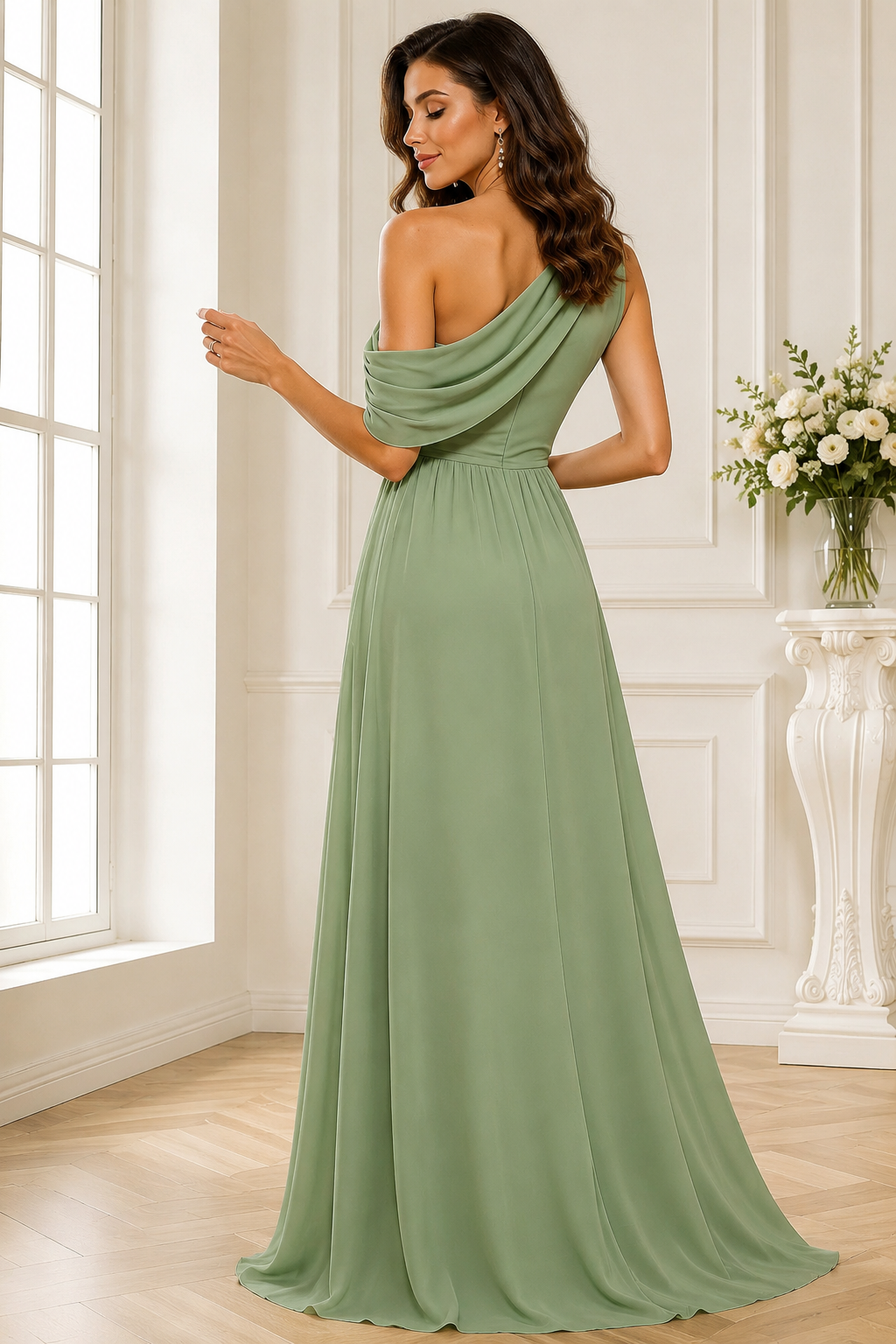 One-Shoulder Draped Ruched High-Slit Evening Gown
