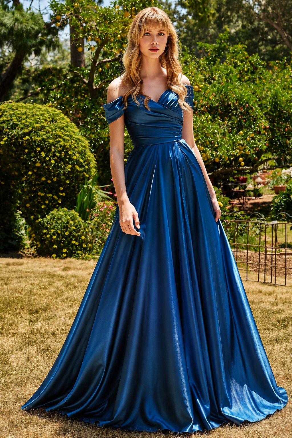 Off-Shoulder Ruched A-Line Evening Gown with Slit