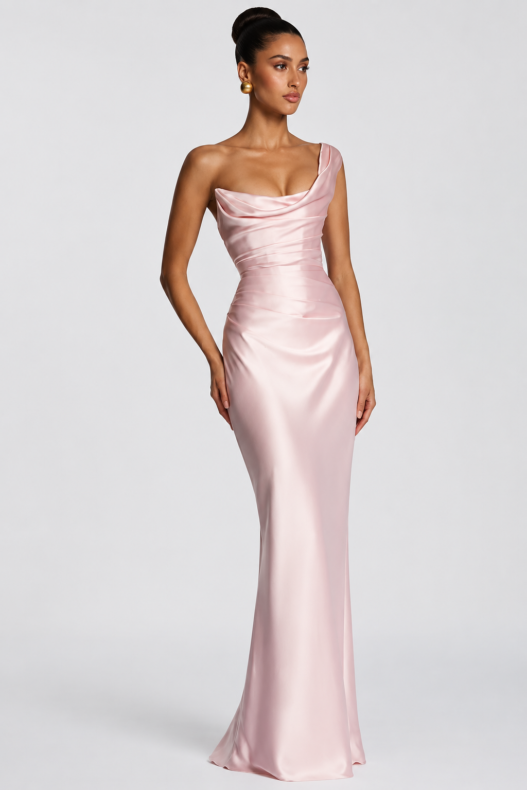 Draped Off-Shoulder Satin Column Gown
