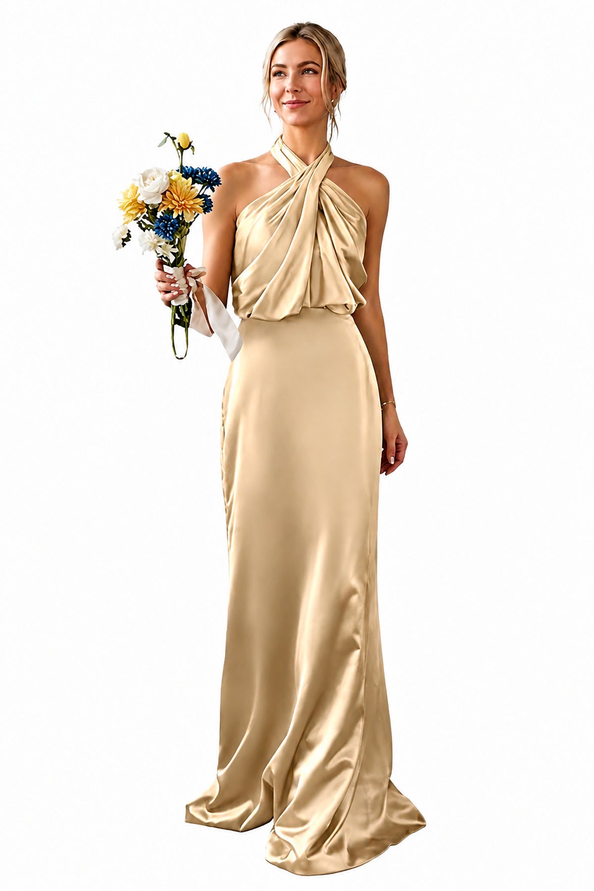 Asymmetric Draped Halter A-Line Evening Gown