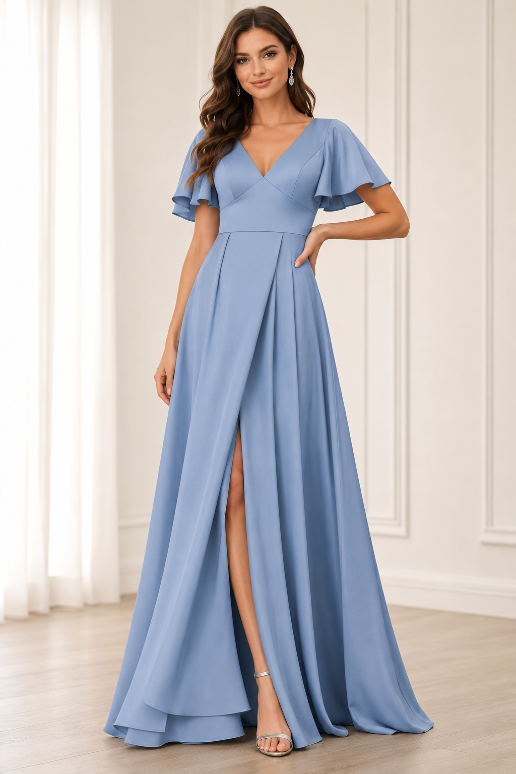 Deep V-Neck Flutter Sleeve A-Line Evening Gown with Slit