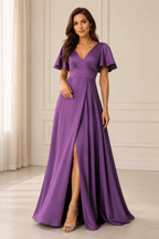 Deep V-Neck Flutter Sleeve A-Line Evening Gown with Slit