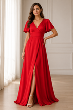 Deep V-Neck Flutter Sleeve A-Line Evening Gown with Slit