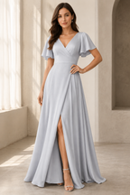 Deep V-Neck Flutter Sleeve A-Line Evening Gown with Slit