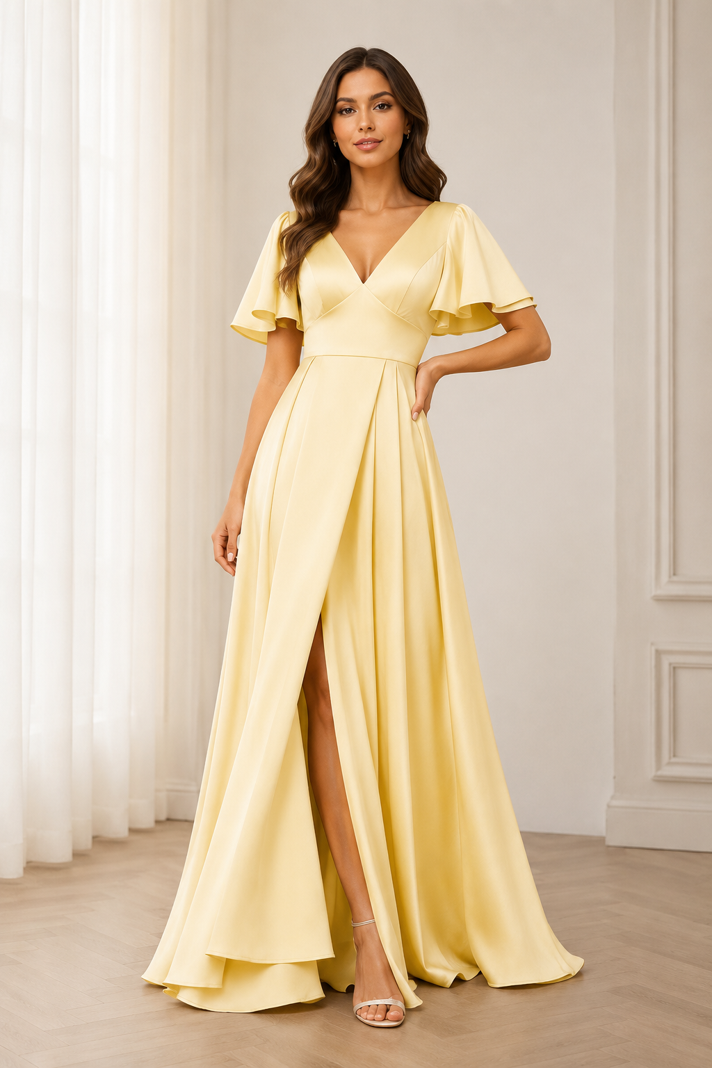 Deep V-Neck Flutter Sleeve A-Line Evening Gown with Slit